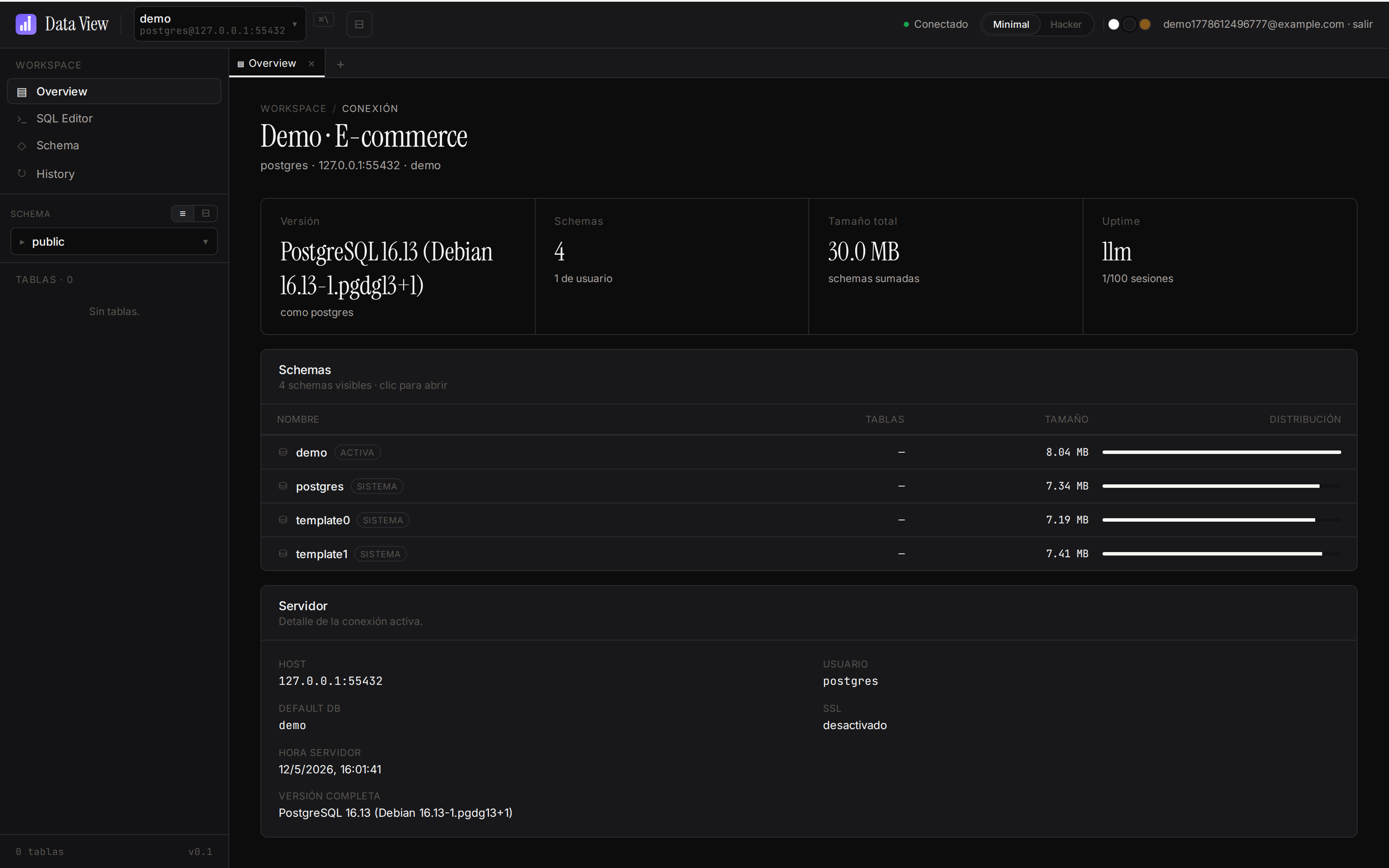 Pantalla con el resumen de la conexión: versión de PostgreSQL, lista de schemas, tamaño total y datos del servidor