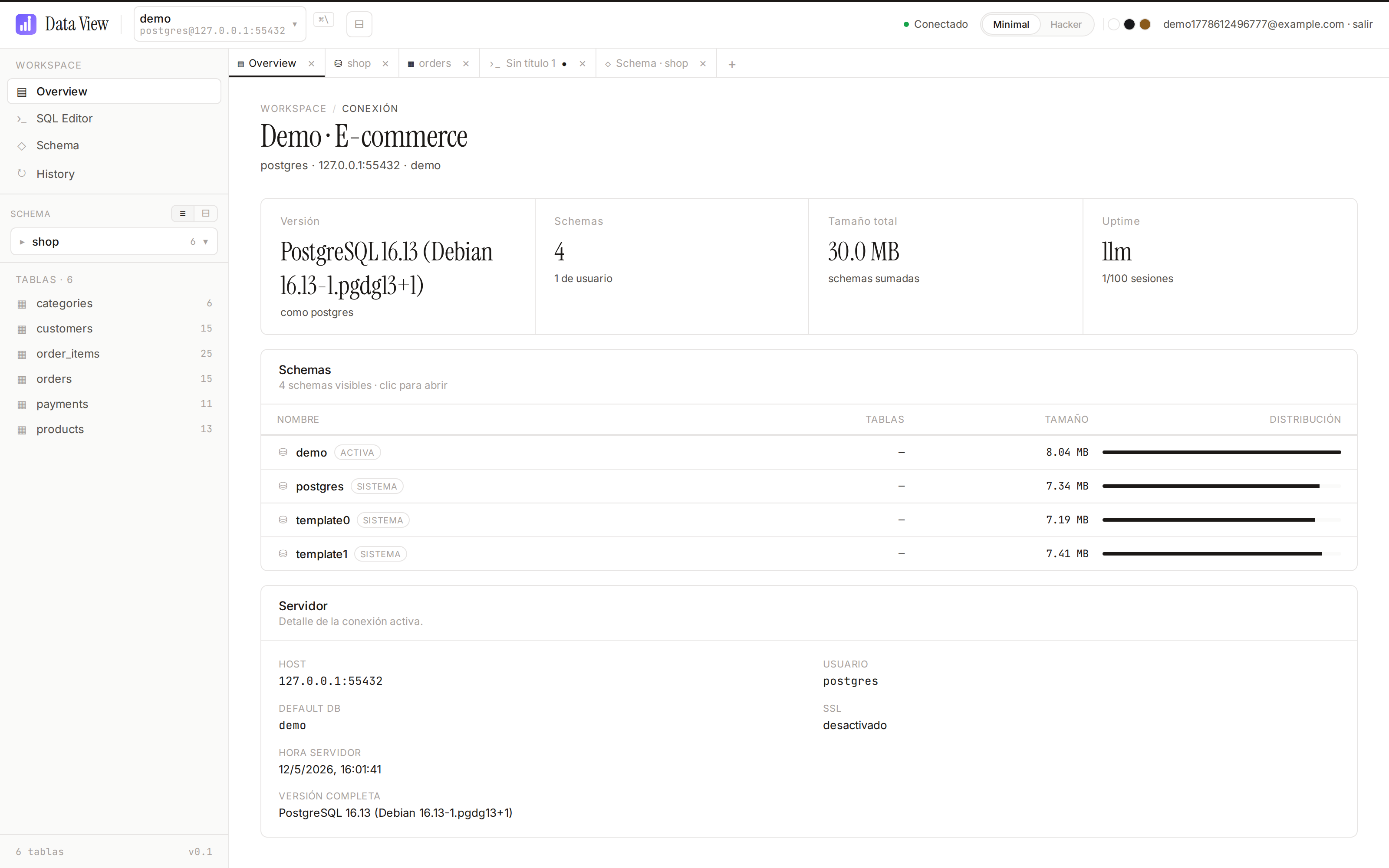 Pantalla con el resumen de la conexión: versión de PostgreSQL, lista de schemas, tamaño total y datos del servidor